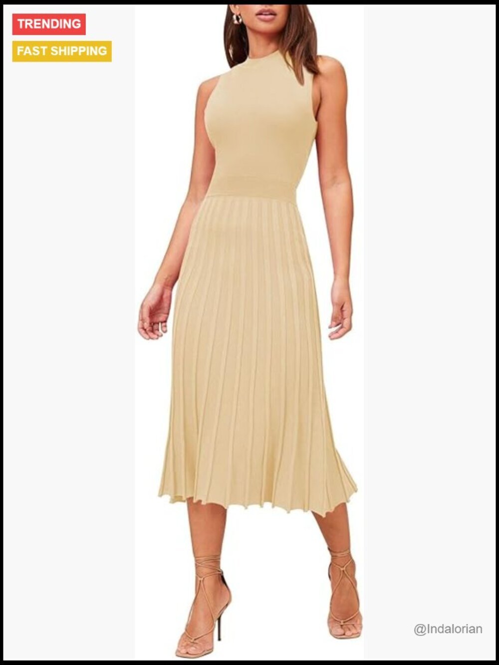 Women's Crew Neck Sleeveless High Waisted Bodycon Pleated Ribbed Swing Knit